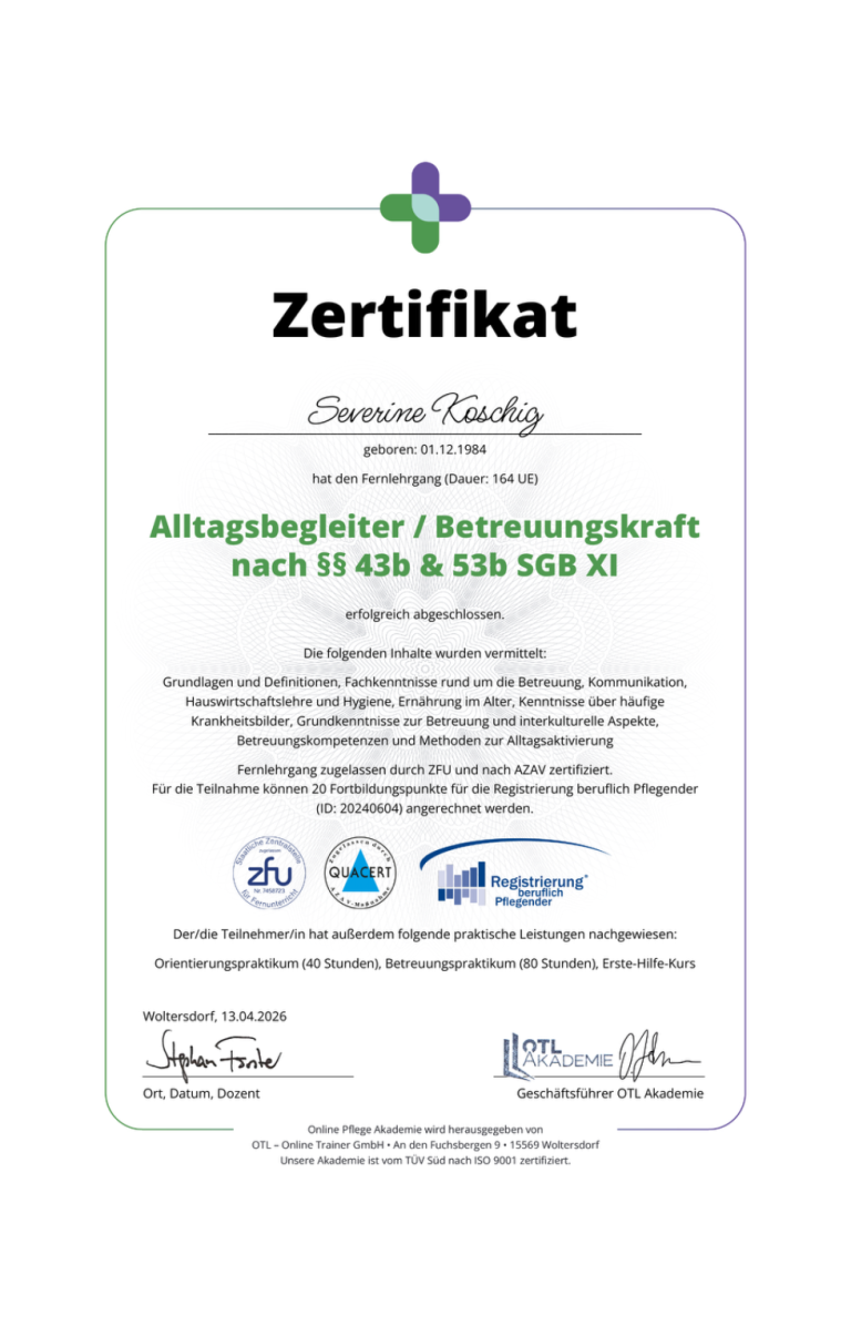 Zertifikat Alltagsbegleiterin Betreuungskraft Severine